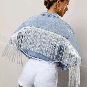 Fringe Raw Hem Button Front Crop Denim Jacket